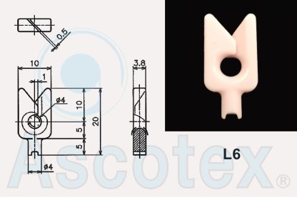 2D drawing and photograph of a double hook yarn guide, Ascotex reference L6