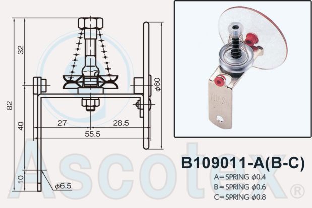 Drawing and photo of B109011-A disc tensioner. Made by Yuasa